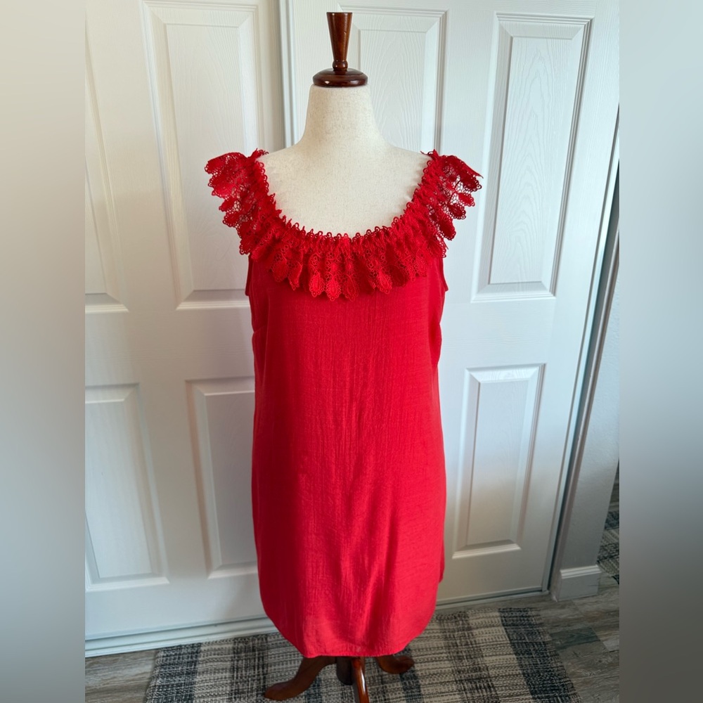 Red Sleeveless Dress with Lace Trim